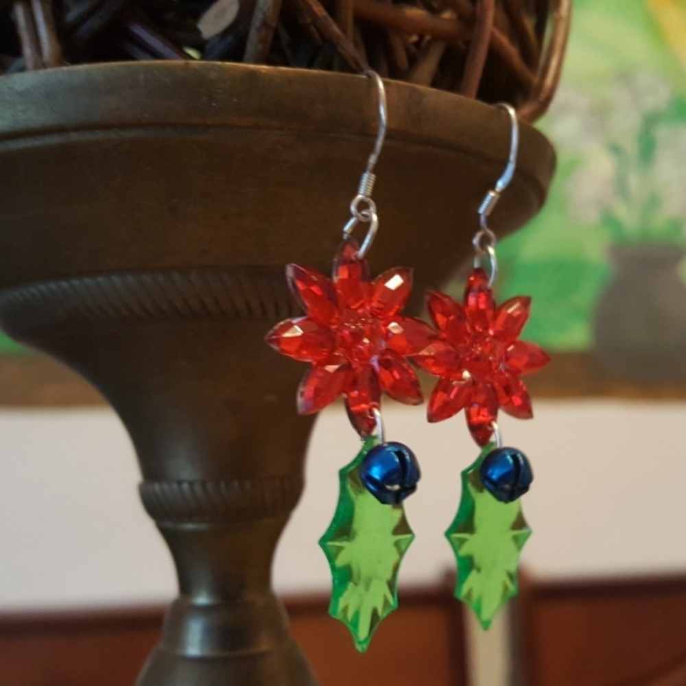 Poinsettia Dangling Jingle Bell Earrings